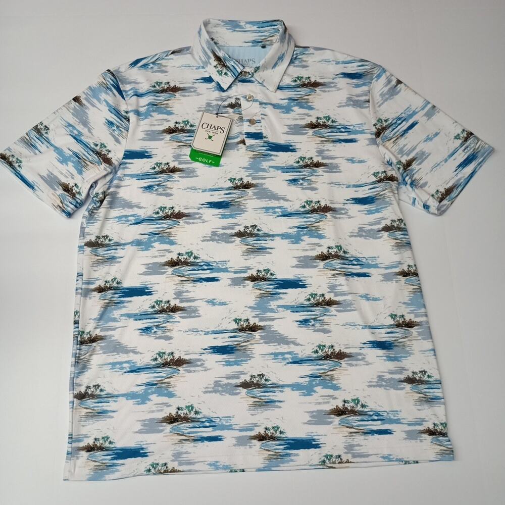 Chaps Printed Golf Polo Shirt Men's Size M Bright White Stretch Moisture Wick